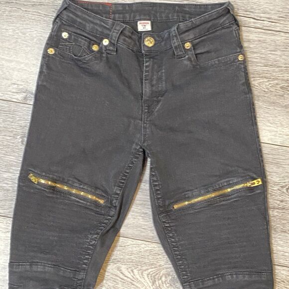 True Religion Womens 31 Moto Super Skinny Jeans Faded Black Zip Pockets Stretch - Picture 3 of 14